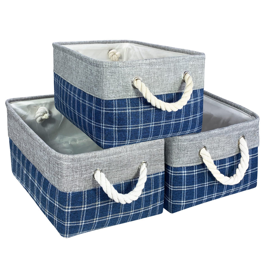 Fabric Storage Bins Foldable Storage Baskets for Shelves, Organizing Baskets Blue with Cotton Handles, Storage Basket Bins for Clothes Organizing Home Closet Nursery Toy, 3-Pack
