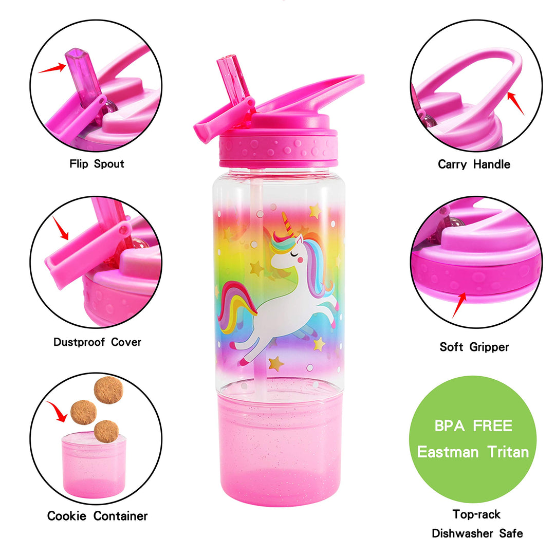 18oz Kids Water Drinking Sip Bottle - Tritan BPA Free, Flip Straw Lid, Easy Open, Lightweight, Snack Compartment, Leak-Proof Water Bottle with Cute Design For Girls & Boys - Unicorn