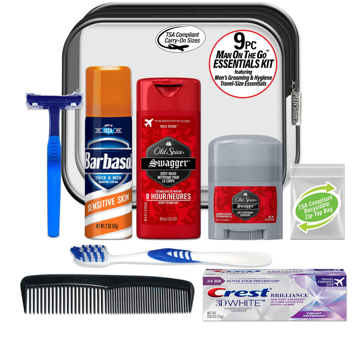 Men's Deluxe, 9-Piece Kit with Travel Size TSA Compliant Essentials , Featuring: Old Spice Products in Reuseable Toiletry Bag
