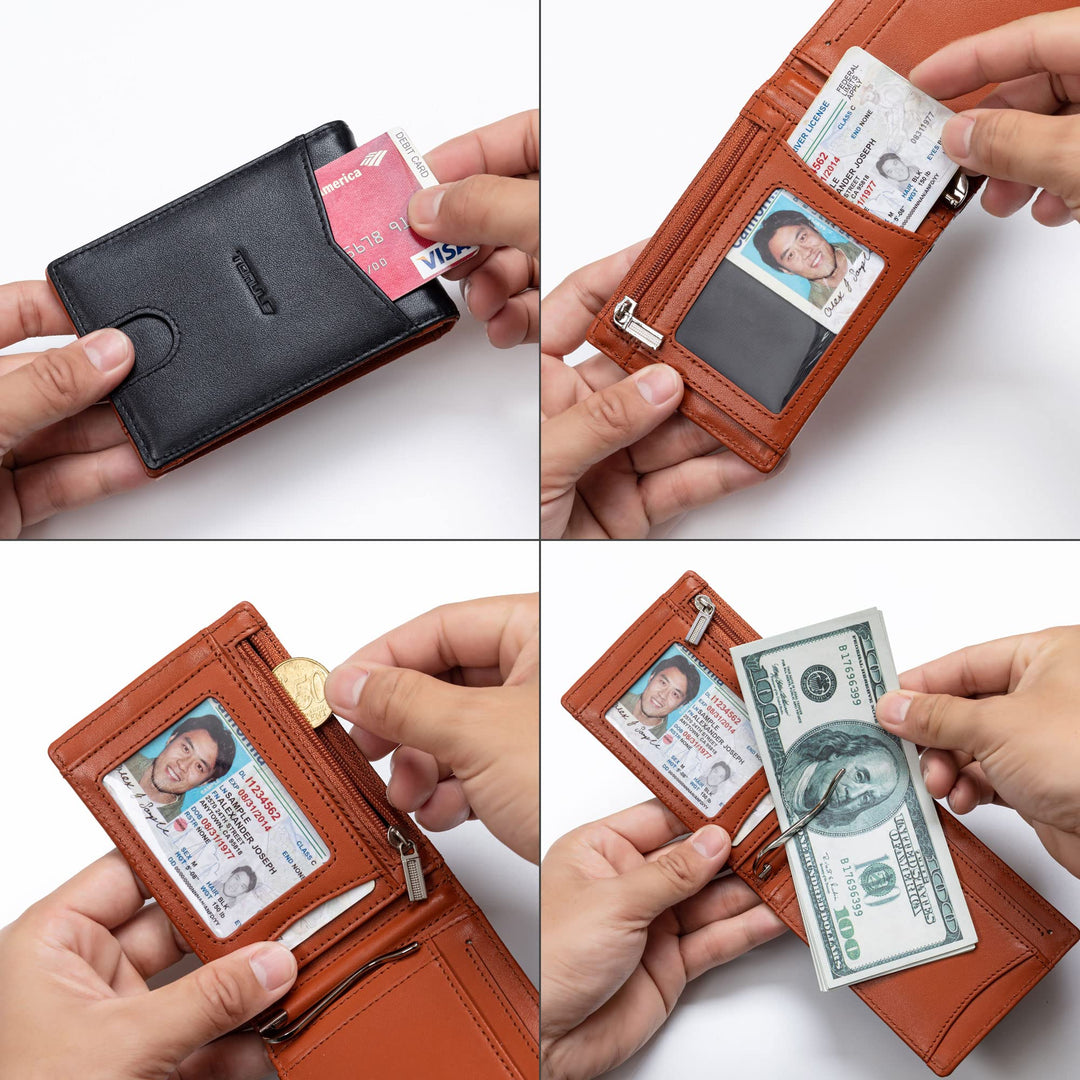 Mens Leather Wallets Slim Minimalist Wallet Bifold Front Pocket Wallet with Money Clip Wallet RFID Blocking Card Wallet for Men Thin Small Wallet with Coin Pocket ID Window (Black&Orange)