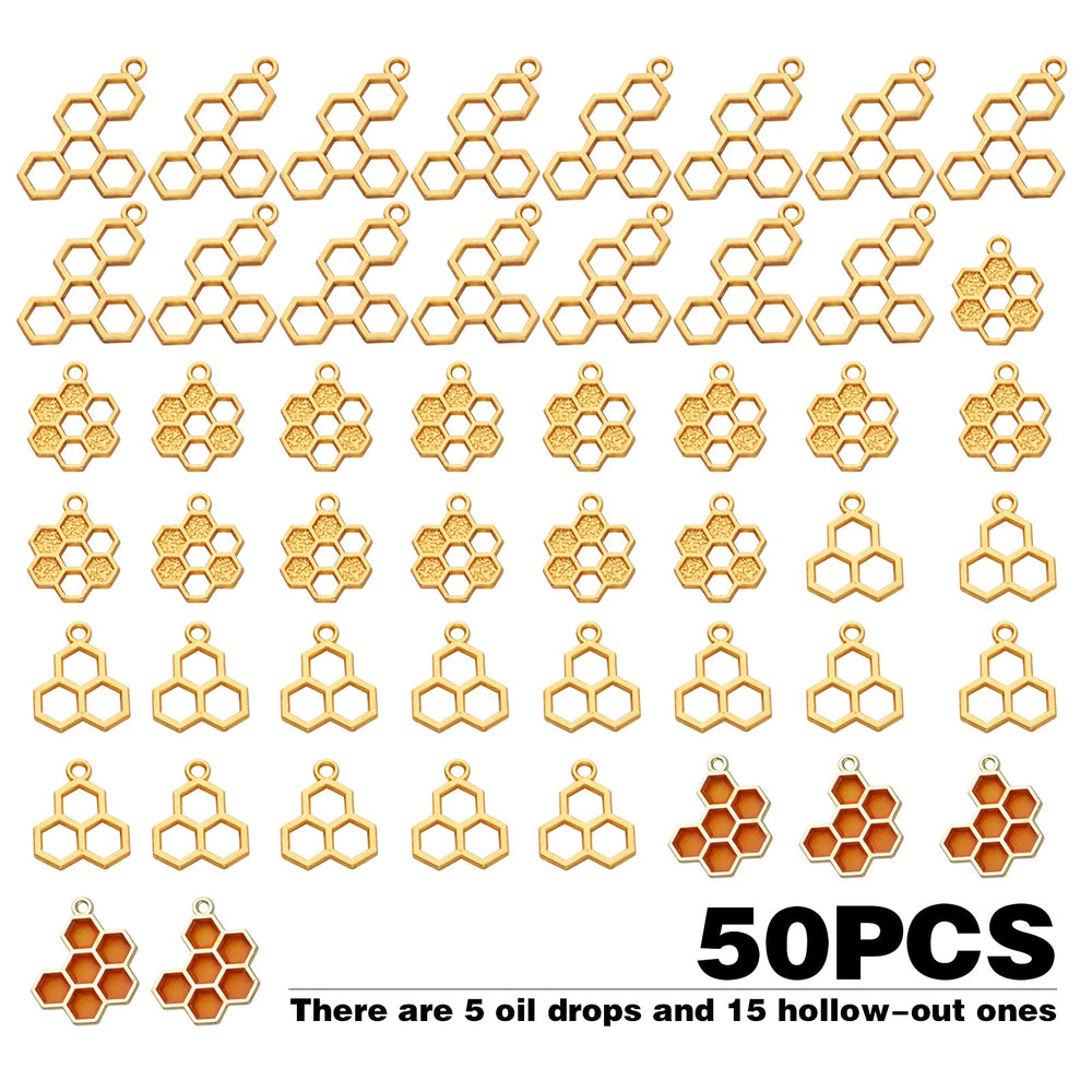 50pcs Enamel Honeycomb Charms Pendants Alloy Bee Honeycomb Open Back Bezel Pendant for Necklace Bracelet DIY Crafts Jewelry Making Accessories