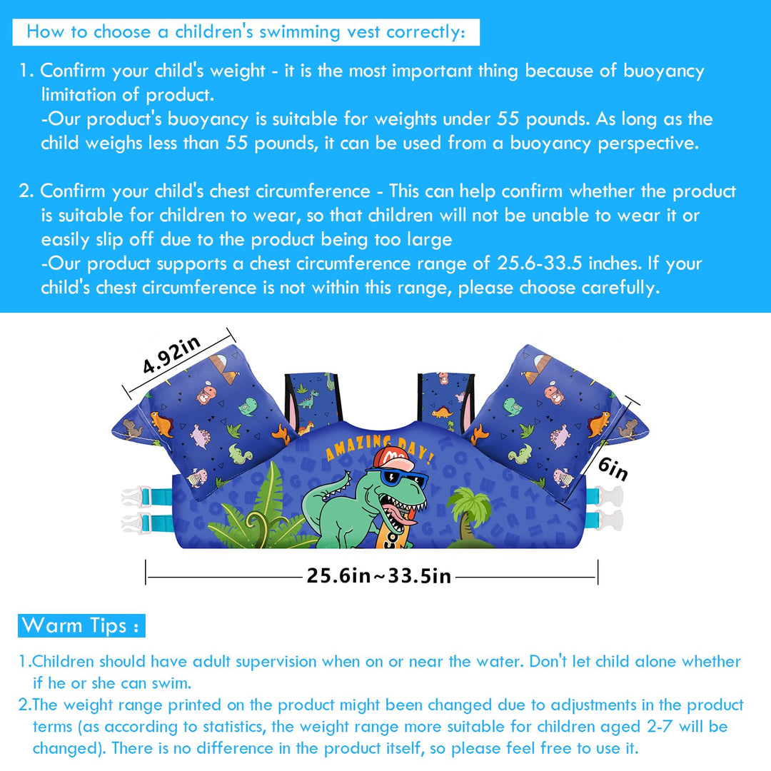 Kids Swim Vest Life Jacket for 30-55 Pounds Boys and Girls, Toddler Floaties with Shoulder Harness Arm Wings for 2,3,4,5,6,7 Years Old Baby