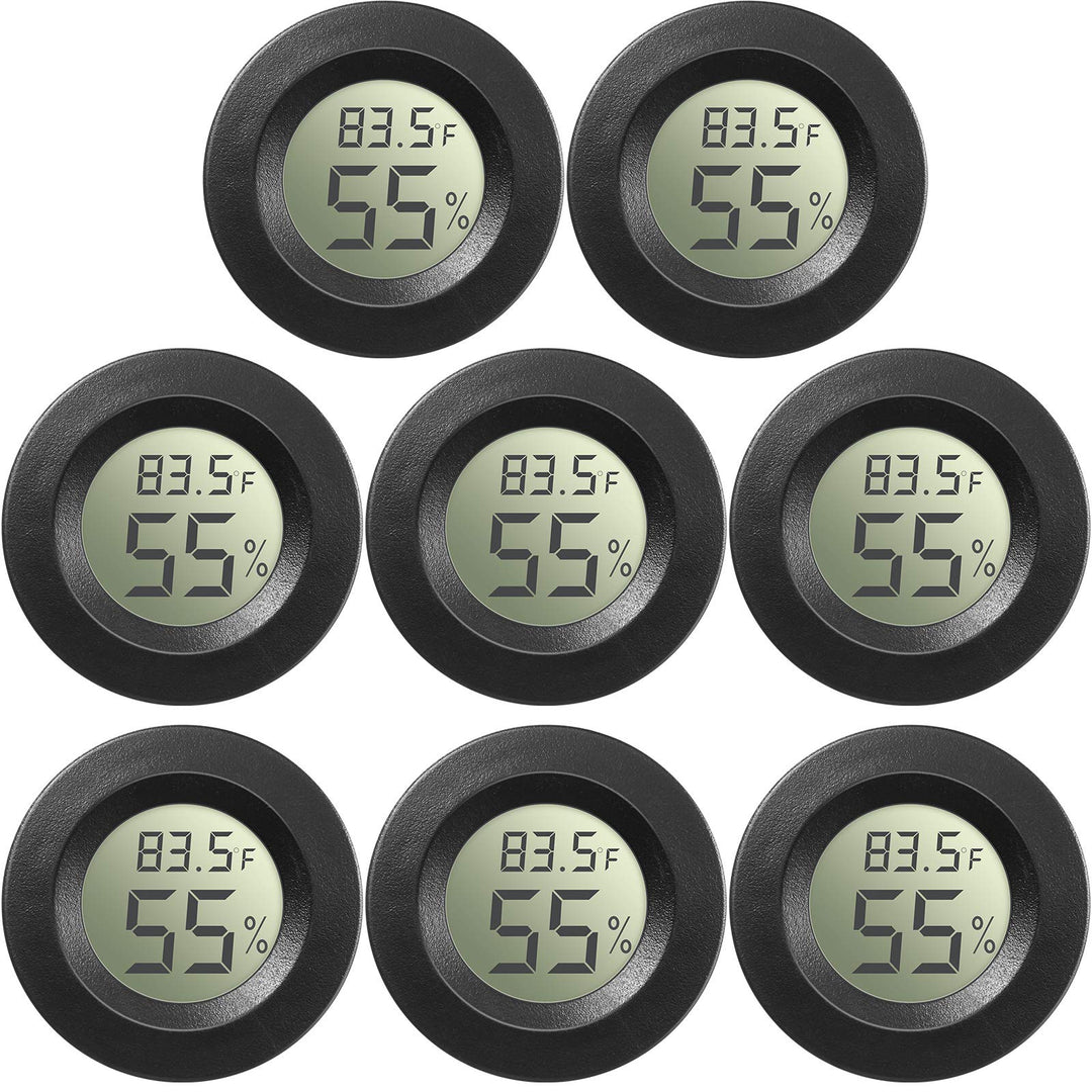 8 Pcs Mini Hygrometer Thermometer Round Digital Humidity Gauge Monitor Electronic Humidity Temperature Meter LCD Display Indoor Outdoor Hygrometer Thermometer for Home Kitchen (Black)