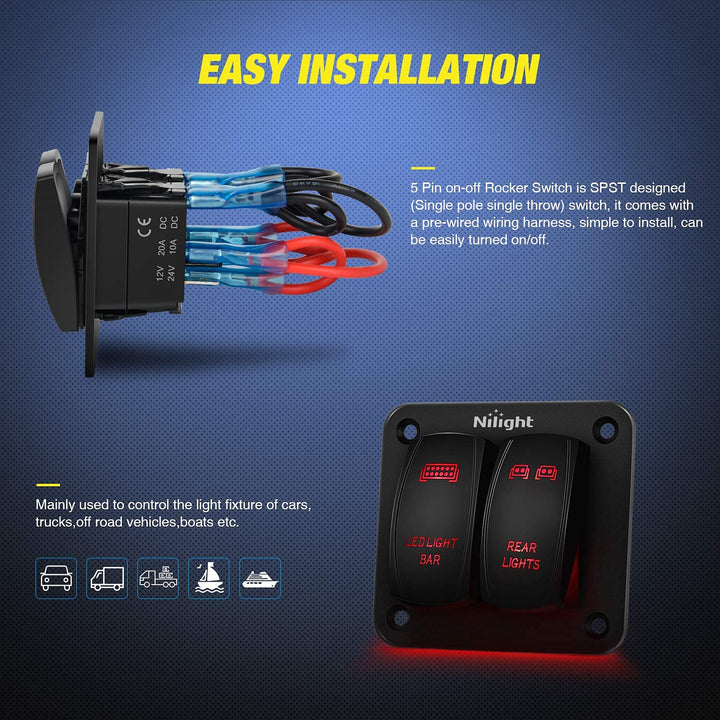 2 Gang Rocker Switch Panel LED Light Bar Switch Rear Lights Switch 12 24V DC Red Switches 5Pin ON Off Pre Wired Toggle Switch Panel for Cars ATVs UTVs,2 Years Warranty