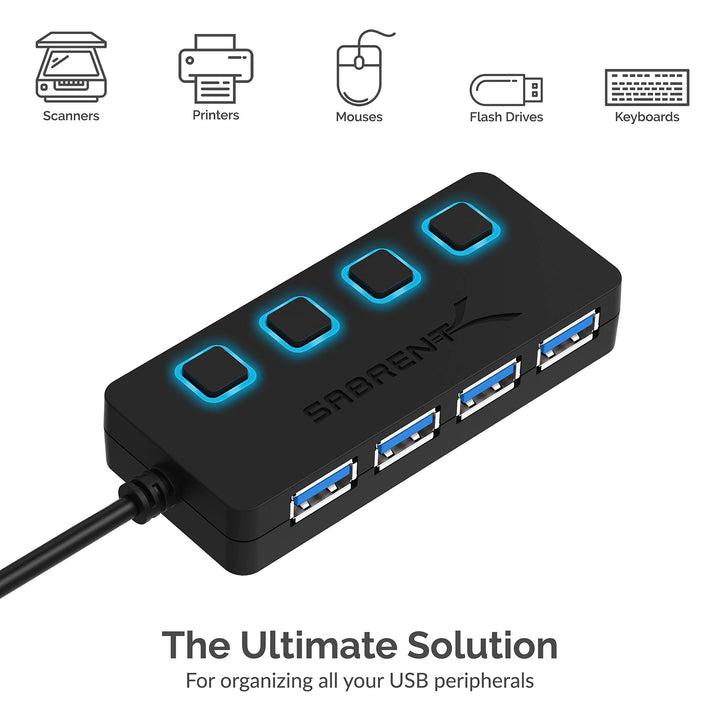 4-Port USB 3.0 Hub with Individual LED Power Switches - Slim, Portable Design - 2 Ft Cable - Fast Data Transfer - Compatible with Mac & PC (HB-UM43)