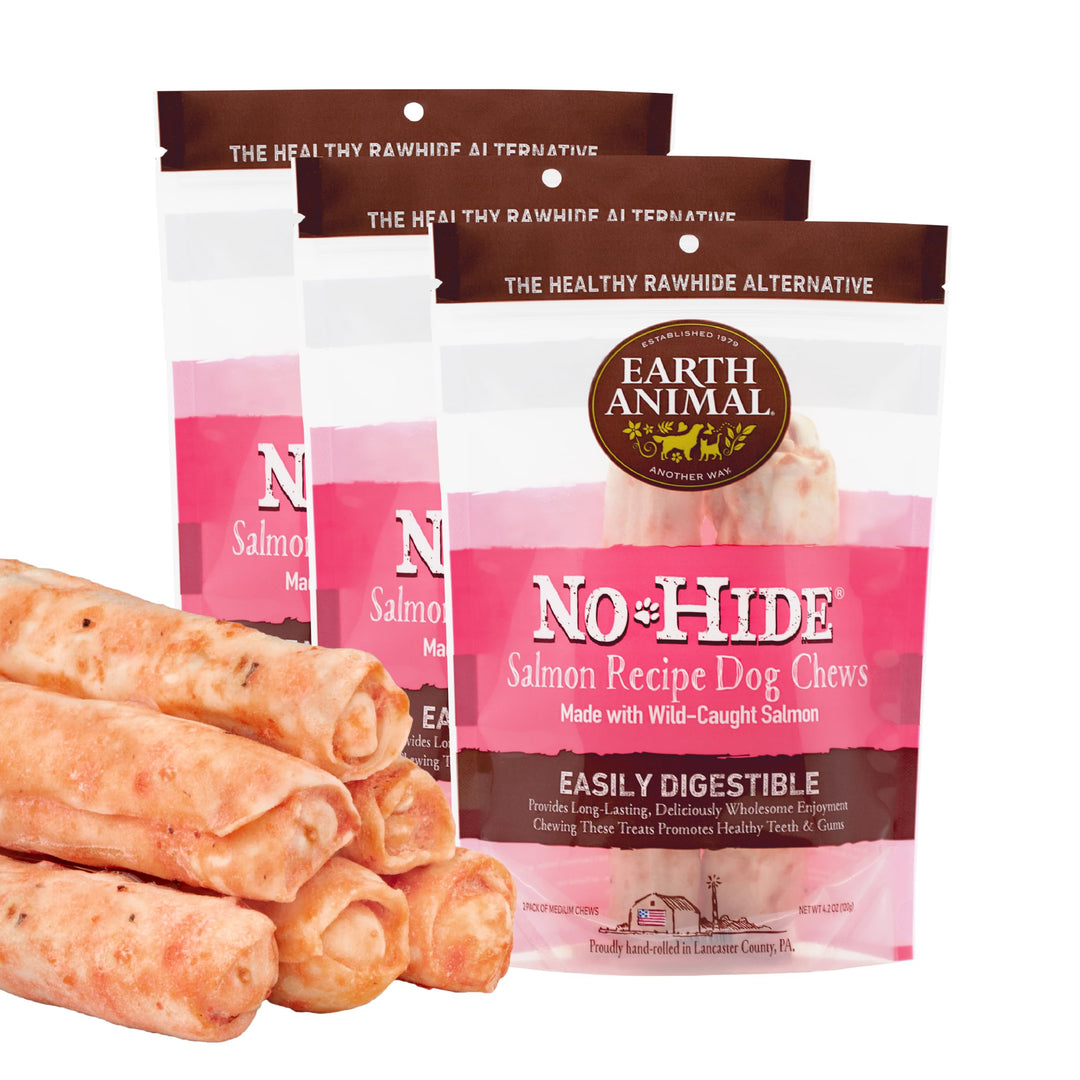 No Hide Medium Salmon Flavored Natural Rawhide Free Dog Chews Long Lasting Chew Sticks | Treats for Large Dogs | Great for Aggressive Chewers (3 Pack)