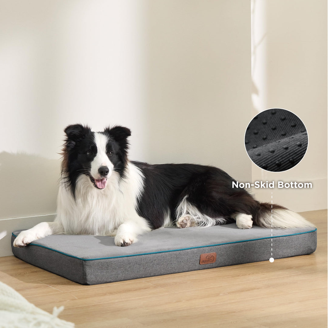 Memory Foam Dog Bed for Large Dogs - Orthopedic Waterproof Pet Mat for Crate with Removable Washable Cover and Nonskid Bottom - Water-Resistant Plush Flannel Fleece Top Pet Bed, Grey