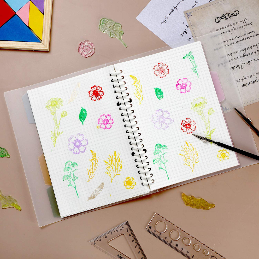 9 Pieces Flower Series Clear Stamp Crafts Flowers Silicone Stamps and Acrylic Stamp Blocks Tools with Grid Lines for Card Making Decor DIY Scrapbooking (Transparent)
