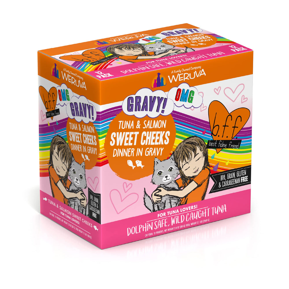 B.F.F. OMG - Best Feline Friend Oh My Gravy!, Tuna & Salmon Sweet Cheeks with Tuna & Salmon in Gravy Cat Food, 3oz Pouch (Pack of 12)