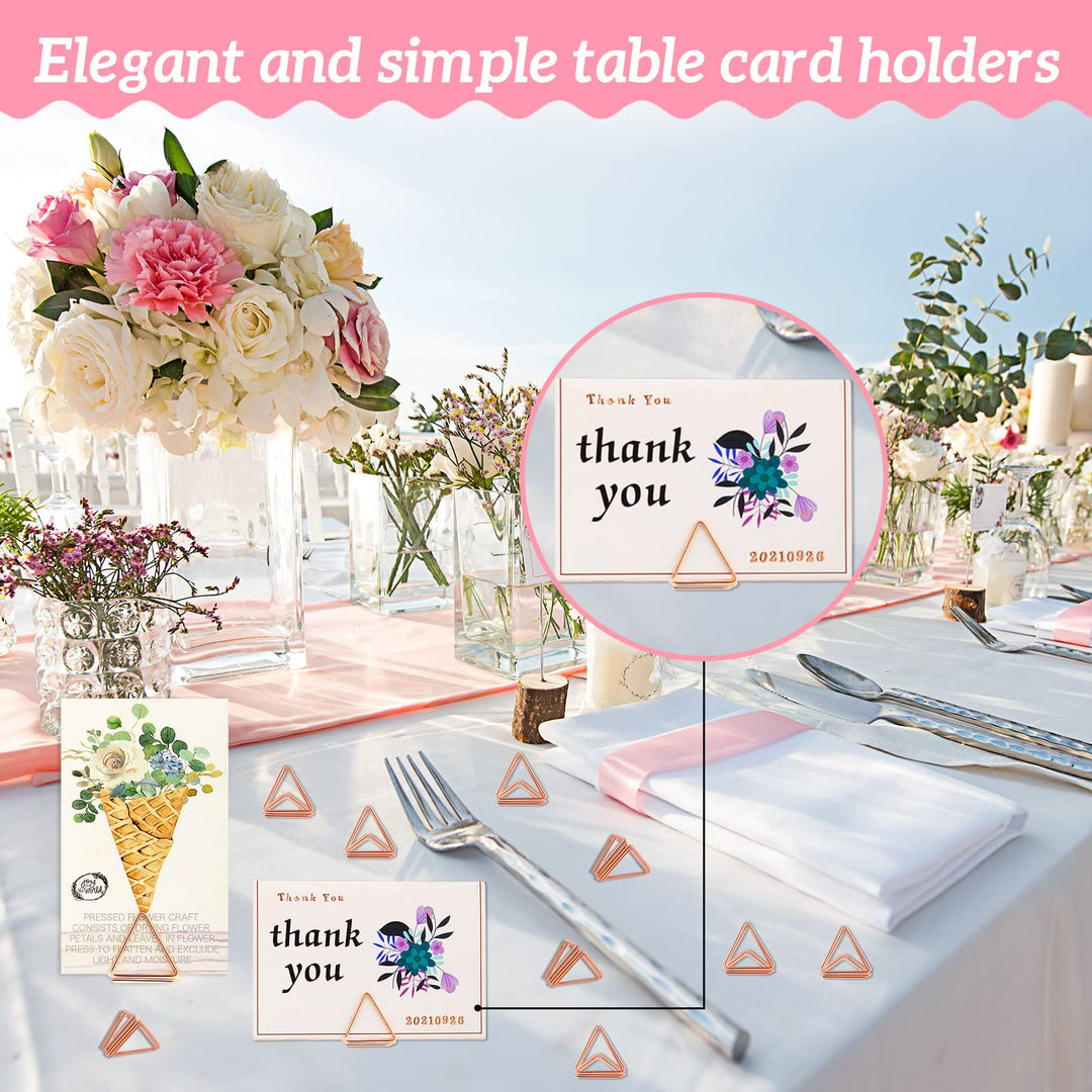 60 Pieces Table Number Holder Place Card Holder Christmas Party Wedding Triangle Shape Table Card Holder Photo Picture Holder Stand Clip for Wedding Baby Shower, Suitable for Small Card(Rose Gold)