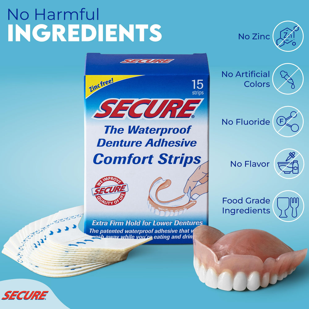 Denture Adhesive Strips – Zinc Free – Waterproof – Comfortable Cushion Fit for Uppers & Lowers – Extra Firm All-Day-Hold – No Mess – Clean Ingredients – 60 Strips Total (4 Pack) 15 Strips ea