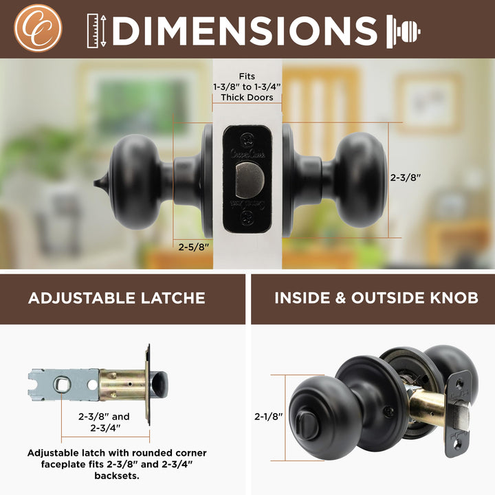 Matte Black Door Knobs - Round Colonial Knob with Privacy Locking Function for Home Improvement, 1 Pack - Fits All Standard Doors - Locking Door Knob for Bedroom and Bathroom Use