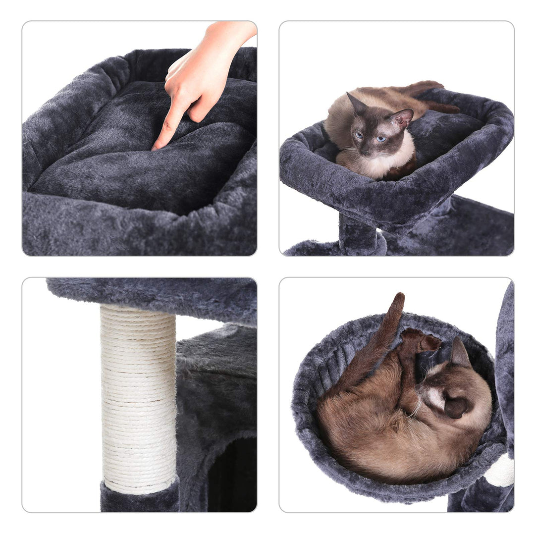 Cat Tree with Scratching Board, 2 Luxury Condos, 41.34 inches Cat Tower with Padded Plush Perch and Cozy Basket, Smoky Gray MPJ004G
