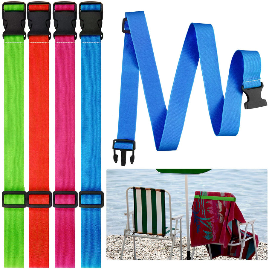 4 Pcs Towel Bands for Beach Chairs Adjustable Beach Towel Holder Elastic Chair Clips Towel Straps for Beach Pool Cruise Carnival Ship Travel Vacation Accessories Essentials, 4 Colors
