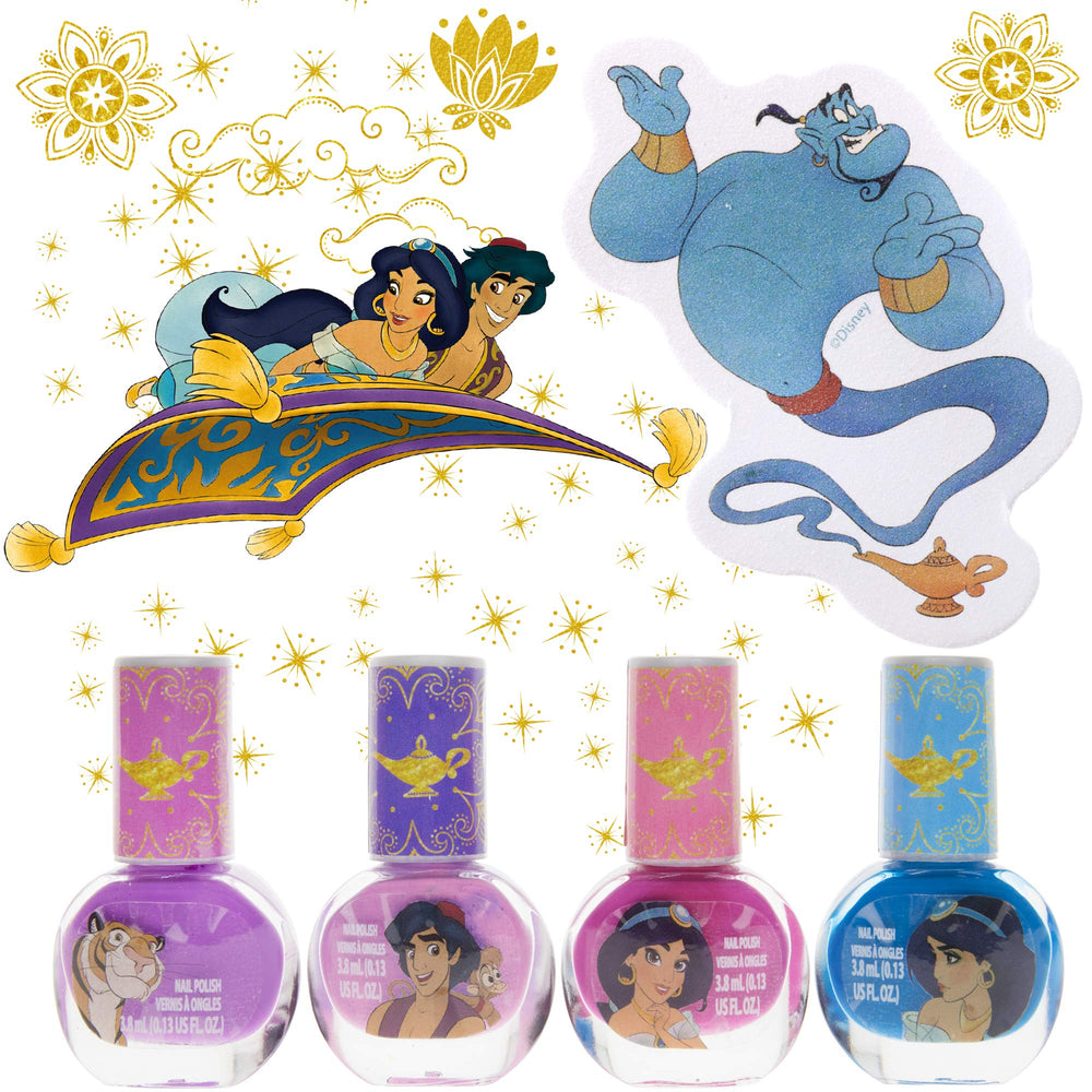 Disney Aladdin Non-Toxic Peel-Off Nail Polish Set with Nail File and Glitter Bag for Girls, Opaque Colors, Ages 3+ (4 Pack), 5 Count