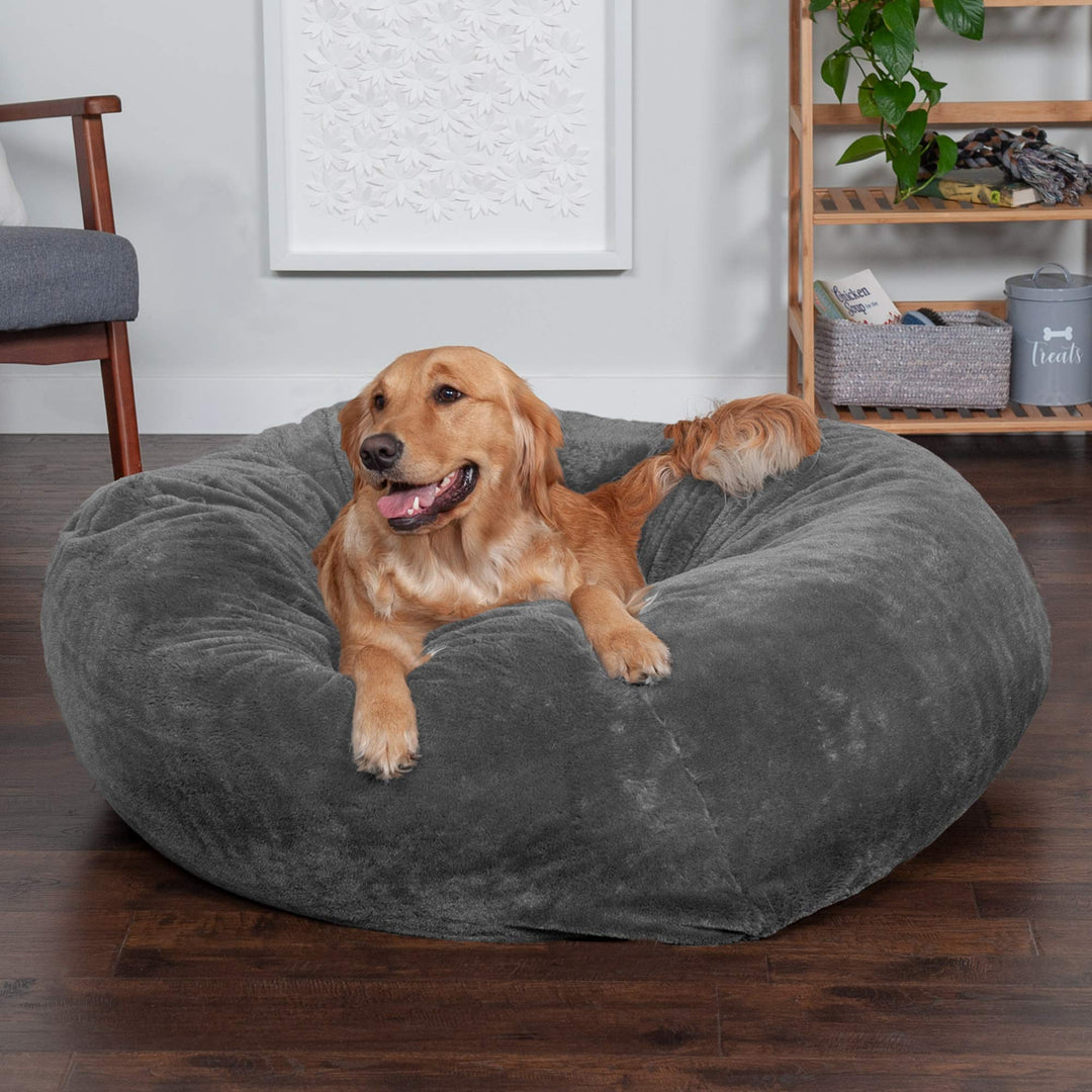 Soft & Cozy Dog Bed for Large Dogs, Refillable w/ Removable Washable Cover & Liner, For Dogs Up to 95 lbs - Plush Faux Fur Bean Bag Style Ball Bed - Gray Mist, XL/Jumbo