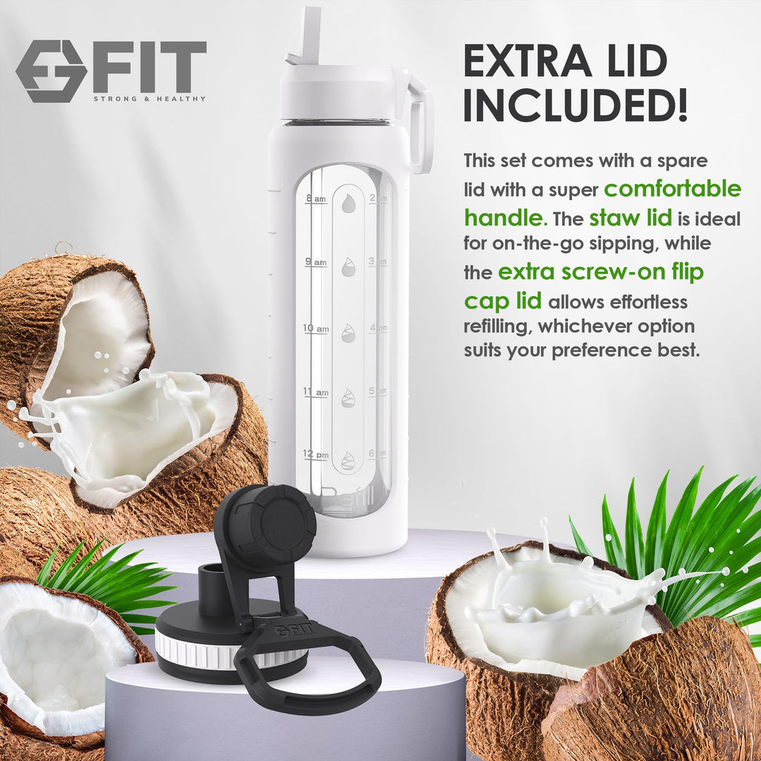 Glass Water Bottle with Time Marker Reminder 32 oz - EXTRA LID, Reusable, Wide Mouth, Leakproof, 1 Liter Glass Drinking Bottle, Large Motivational Water Bottle, Waterbottle (White, Cleaning Brush)