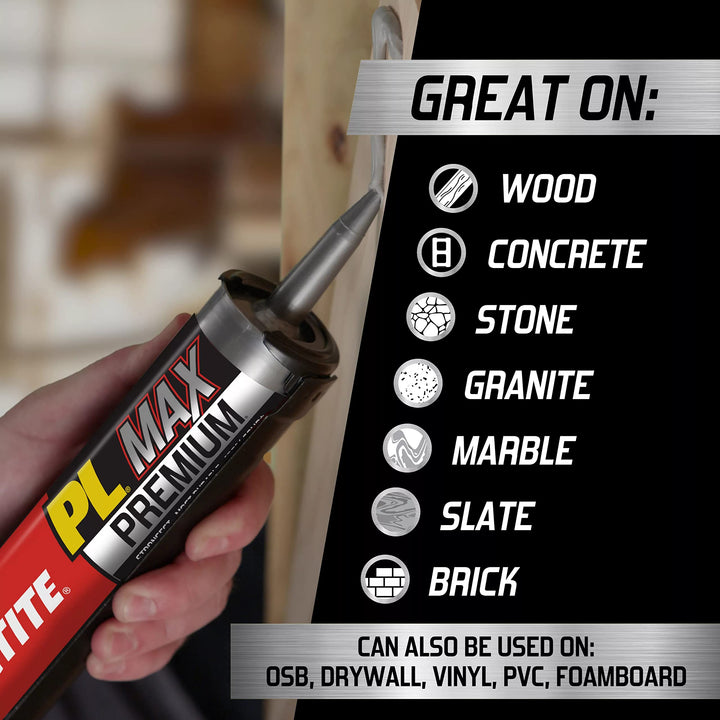 PL Premium Max Construction Adhesive, Versatile Construction Glue for Wood, Concrete, Stone & More - 9 fl oz Cartridge, Pack of 1