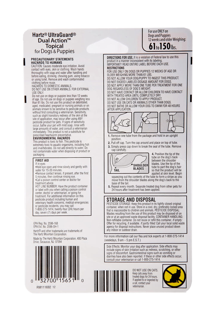 UltraGuard Dual Action Topical Flea & Tick Treatment for Dogs and Puppies - 61-150lbs, 3 Monthly Treatments