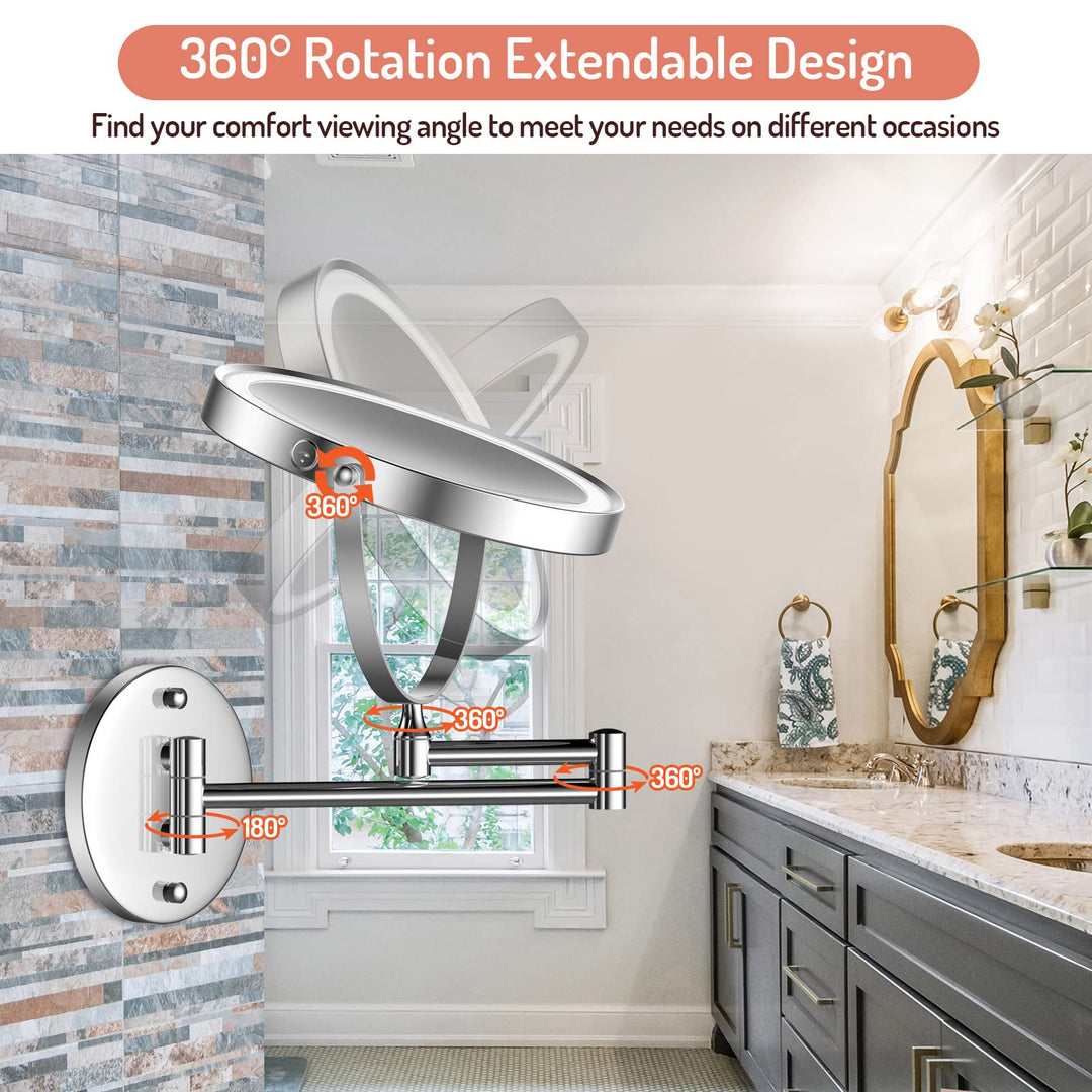 Rechargeable Wall Mounted Lighted Makeup Mirror Chrome, 8 Inch Double-Sided LED Vanity Mirror 1X/10X Magnification,3 Color Lights Touch Screen Dimmable 360°Swivel 13 Inch Extendable