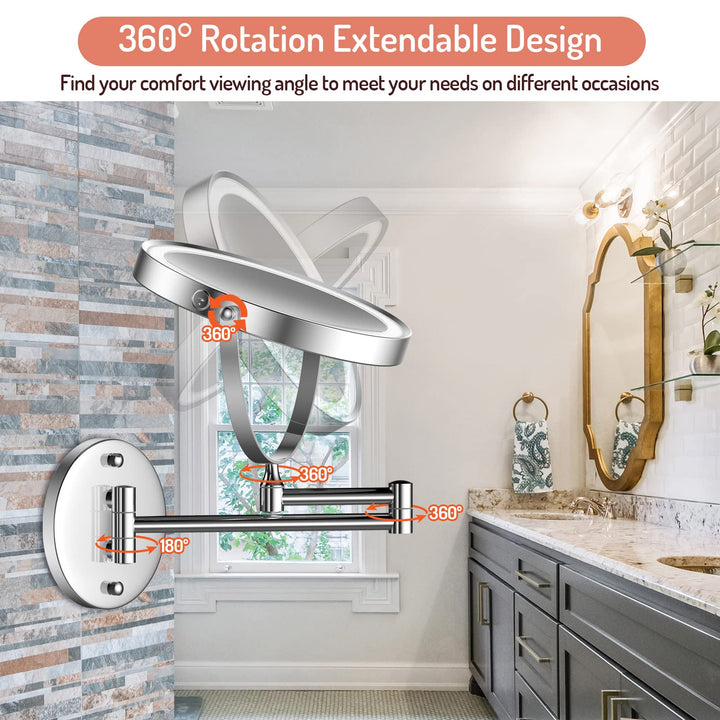 Rechargeable Wall Mounted Lighted Makeup Mirror Chrome, 8 Inch Double-Sided LED Vanity Mirror 1X/10X Magnification,3 Color Lights Touch Screen Dimmable 360°Swivel 13 Inch Extendable