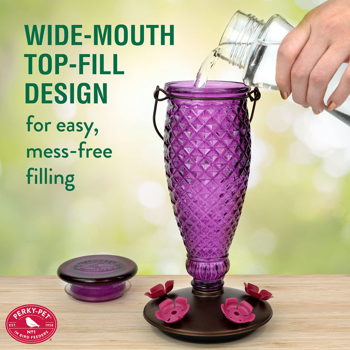 9102-1SR Purple Diamond Wine Top Fill Glass Hummingbird Feeder with Built-in Bee Guards - Outdoor Garden Décor - 24 Oz