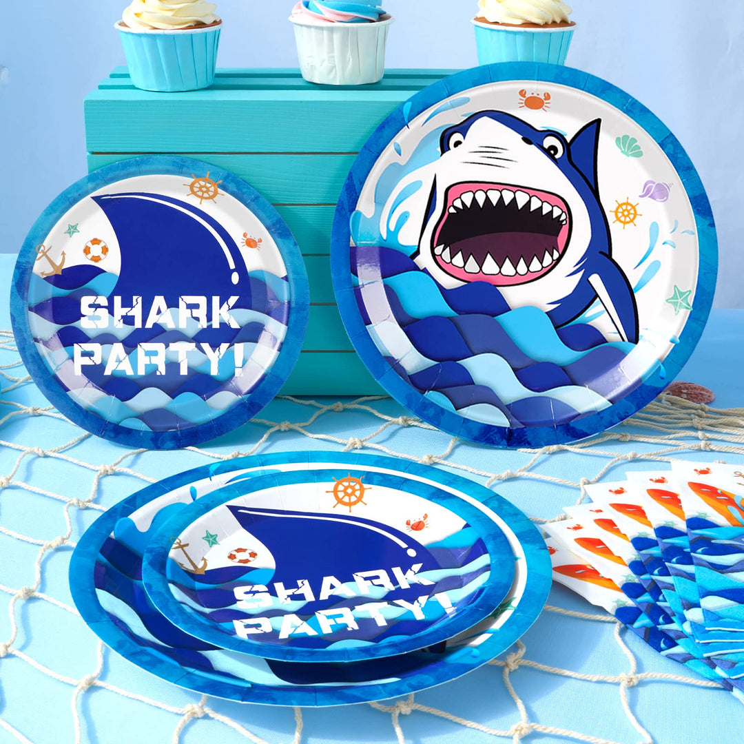 Shark Party Supplies - Blue Ocean Shark Tableware Set for Boys Birthday Baby Shower Pool Party Dinner Dessert Plates and Napkins Serves 16 Guests 48 Pieces