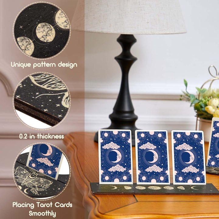 Wooden Tarot Card Stand Holder 4 Pieces Moon Phase Tarot Card Altar Stand Sun Moth Pattern Tarot Card Holder Stand Rectangle Moon Shape Display Wooden Card Stand Oracle Witch Divination Tools