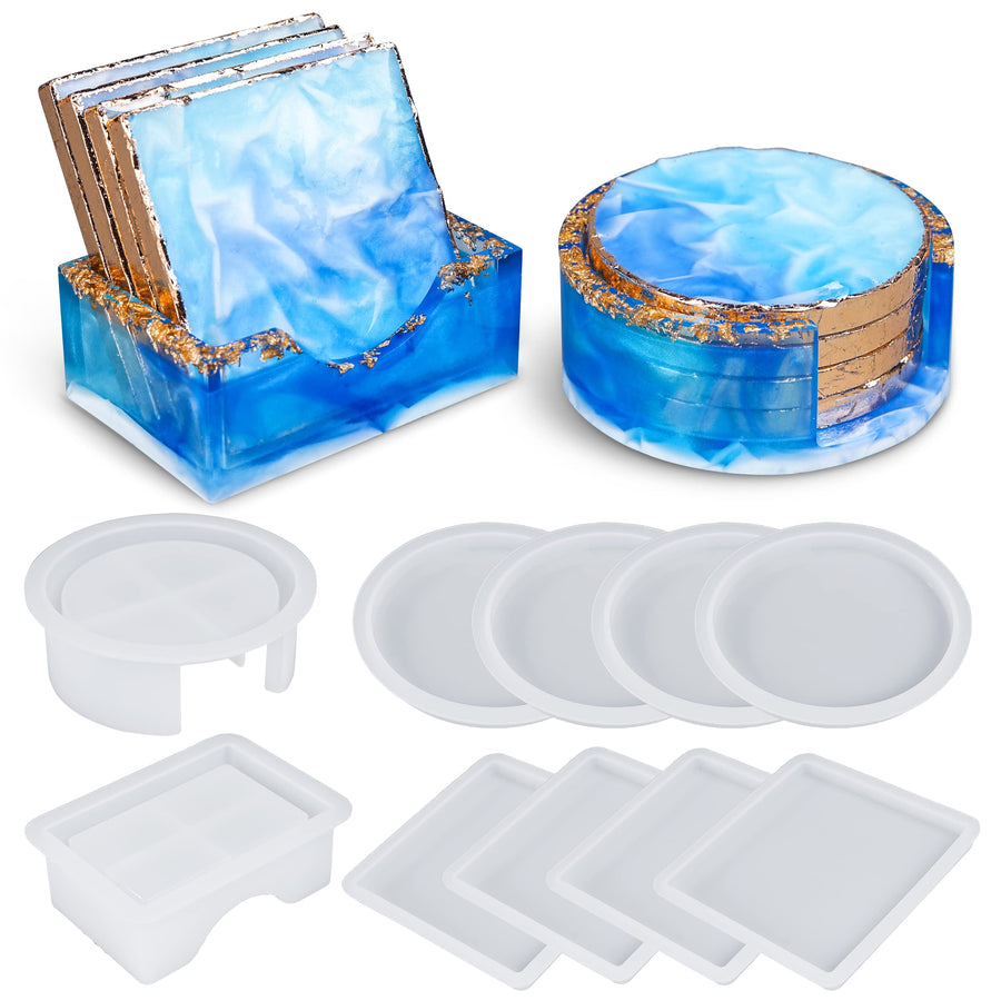 Coaster Resin Molds, Upgraded 10pcs Epoxy Molds Holder Kit with 5 Plastic Dropper 5 Wooden Sticks 2 Gloves, Sturdy Silicone Molds for Epoxy Resin, Cups Mats