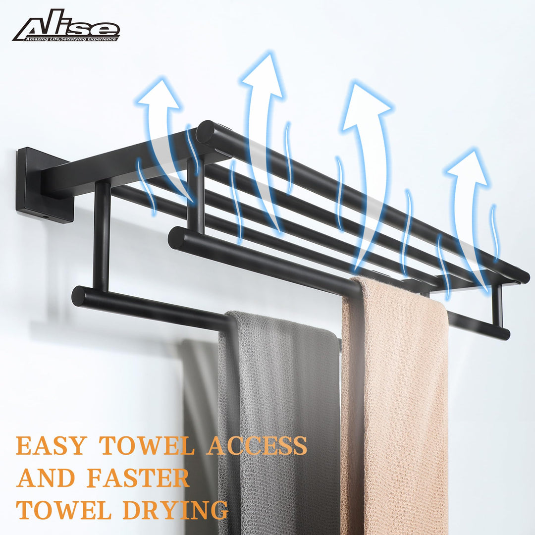 Towel Rack for Bathroom and Lavatory,24 Inch Tower Holder Towel Hanger with Double Towel Bars for Bath Wall,Wall Mount SUS304 Stainless Steel Tower Shelf Matte Black,GZ8000-B