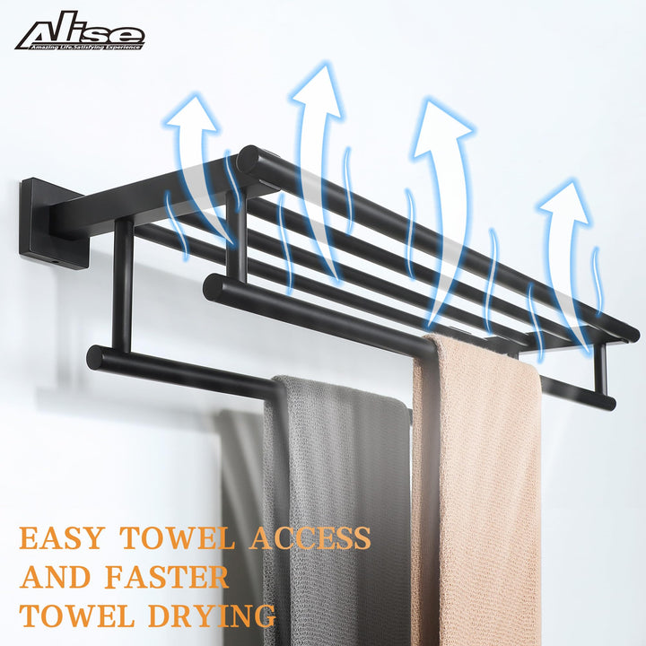 Towel Rack for Bathroom and Lavatory,24 Inch Tower Holder Towel Hanger with Double Towel Bars for Bath Wall,Wall Mount SUS304 Stainless Steel Tower Shelf Matte Black,GZ8000-B