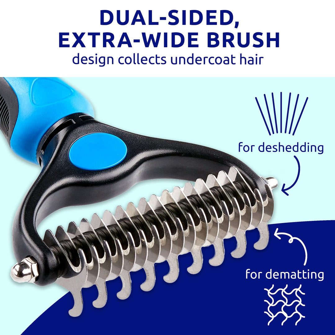 Deshedding Brush - Double-Sided Undercoat Rake for Dogs & Cats - Shedding Comb and Dematting Tool for Grooming, Extra Wide