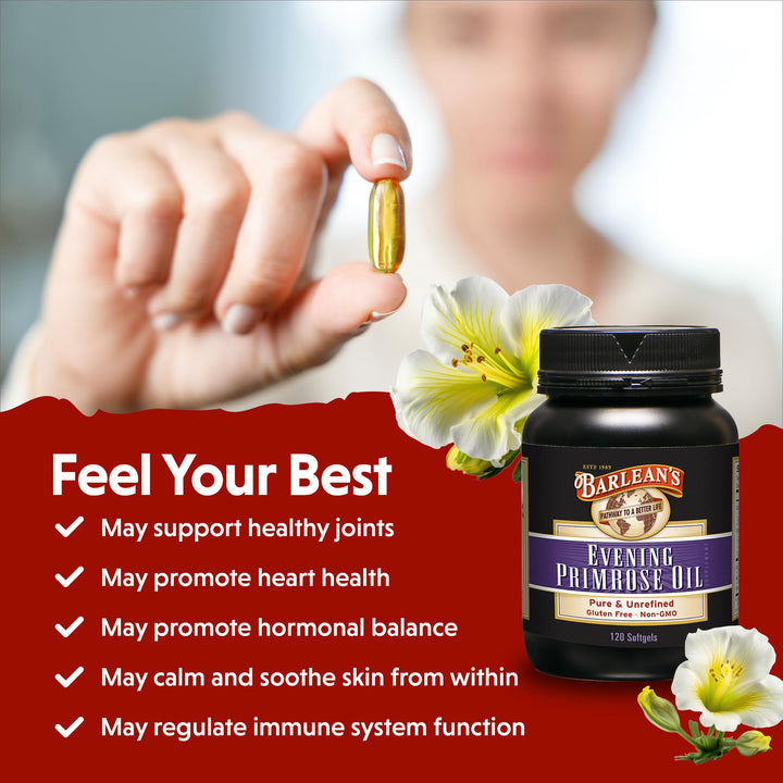 Barlean's Evening Primrose Oil Capsules, GLA Supplement for Men and Women, Healthy Skin, Immune Support and Bone Strength 1300mg Softgels, 120 Count
