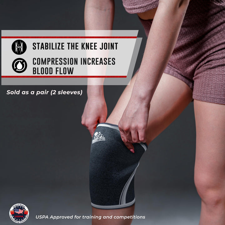 Knee Sleeves (1 Pair) Support & Compression for Weightlifting, Powerlifting & Cross Training - 7mm Neoprene Sleeve for The Best Squats - Both Women & Men