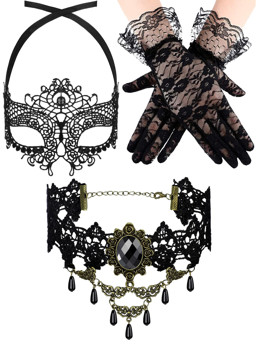 Masquerade Costume Set for Women, Lace Mask Gloves Black Gothic Choker Necklace Cosplay Accessories (Elegant Style)