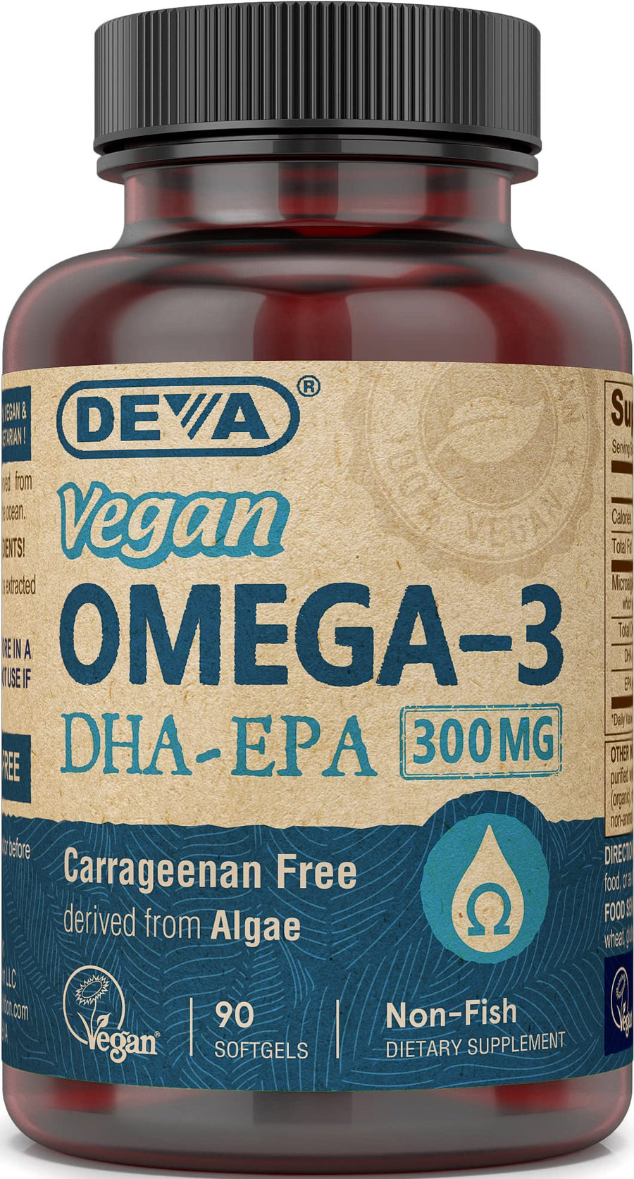 Vegan Omega-3 DHA EPA Supplement Once-Per-Day Softgel 300 MG - Carrageenan Gelatin & Gluten Free - Non-Fish Algae Oil Fatty Acids - 90 Softgels