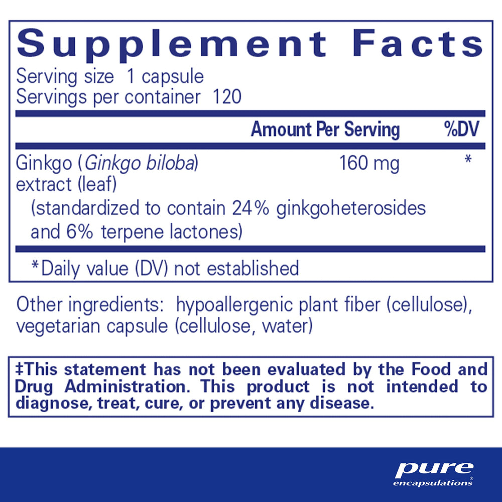Ginkgo 50 160 mg | Ginkgo Biloba Supplement to Support Oxygen, Blood Circulation, and Mild Memory Problems Associated with Aging* | 120 Capsules