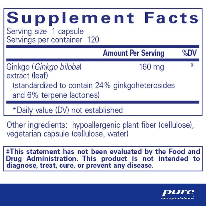 Ginkgo 50 160 mg | Ginkgo Biloba Supplement to Support Oxygen, Blood Circulation, and Mild Memory Problems Associated with Aging* | 120 Capsules