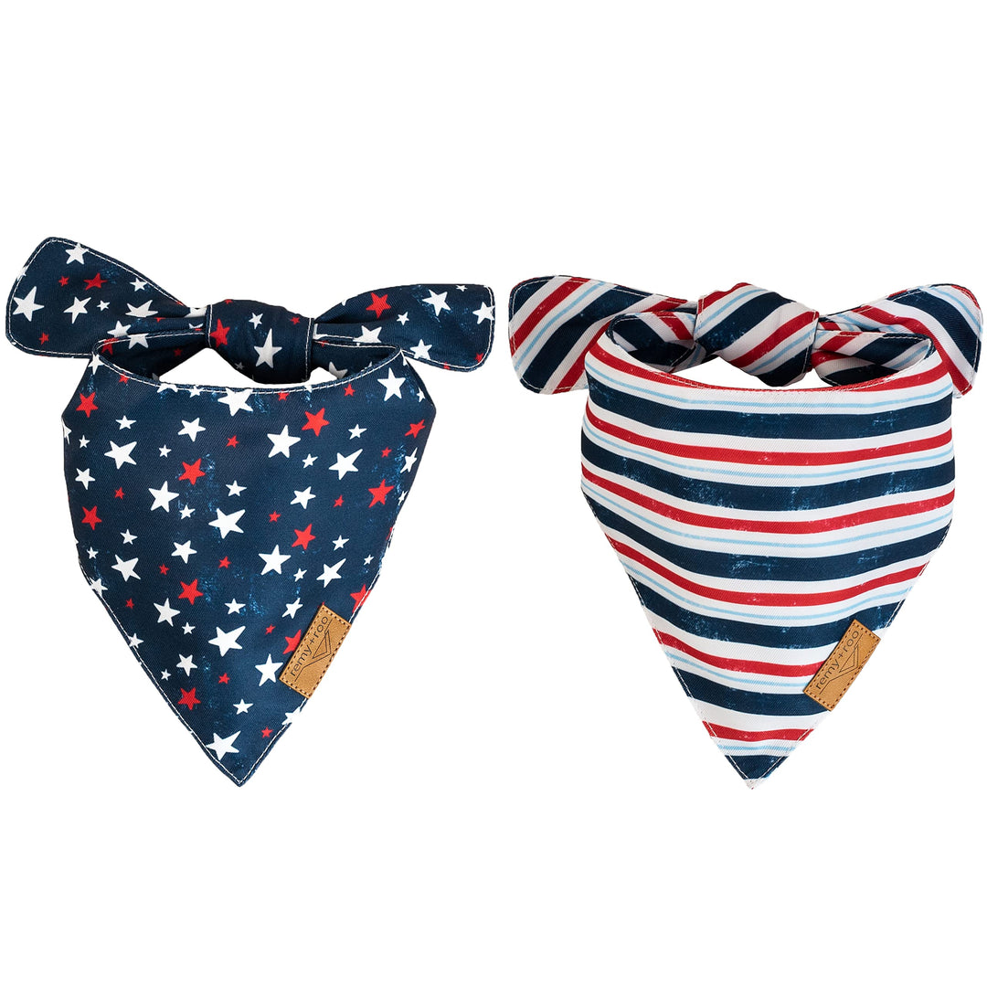 Dog Bandanas - 2 Pack | Stars+Stripes Set | Premium Durable Fabric | Unique Shape | Adjustable Fit | Multiple Sizes Offered | (Large)