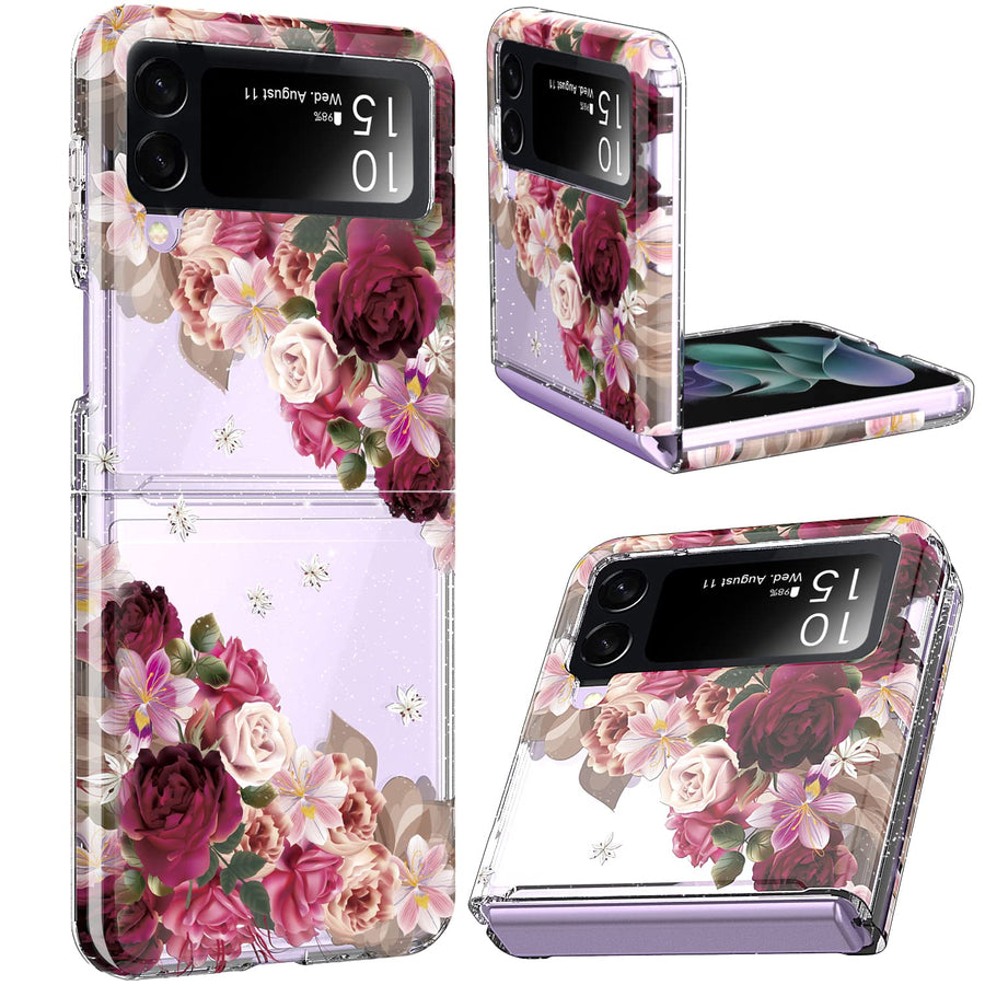 Galaxy Z Flip 3 Case,Glitter Clear Sparkly Bling TPU Built-in Non-Slip Mat Impact Resistant Shockproof Hybrid Full Body Protective Case Cover for Samsung Galaxy Z Flip 3 5G 2021 (Flower)