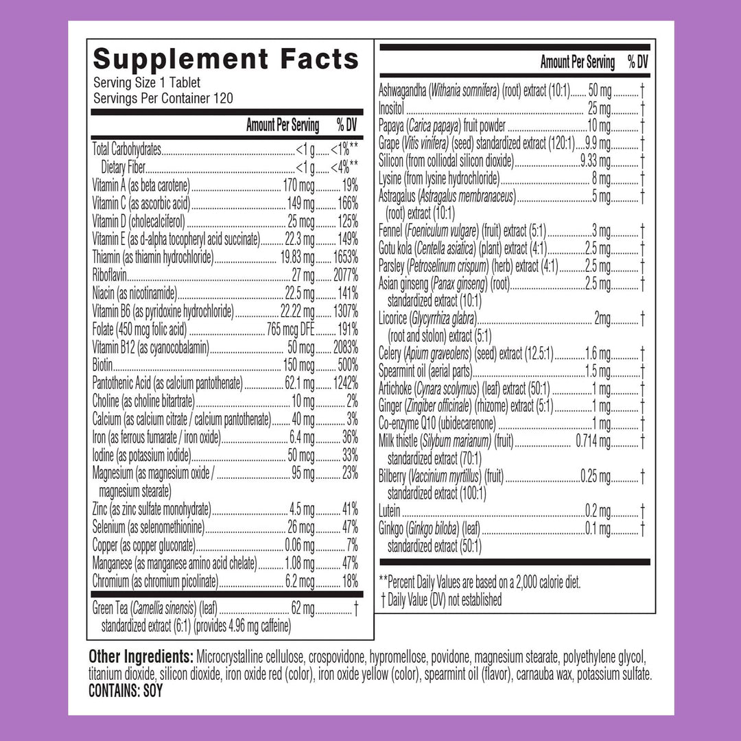 Daily Multivitamin for Women | 47 Vitamins, Antioxidants and Minerals + Adaptogens | Energy, Stress & Immune Support | Womens Multivitamin Supplement | 120 Tablets / 4 Months Supply