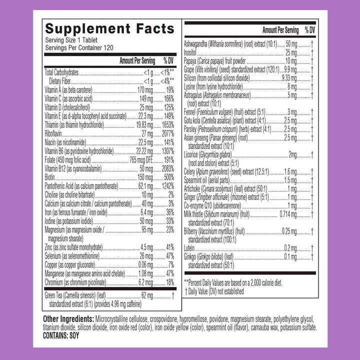 Daily Multivitamin for Women | 47 Vitamins, Antioxidants and Minerals + Adaptogens | Energy, Stress & Immune Support | Womens Multivitamin Supplement | 120 Tablets / 4 Months Supply