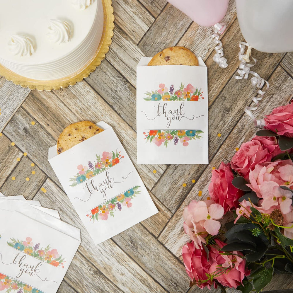 100 Pack Thank You Paper Treat Bags, Sleeves for Cookies, Goodies, Candy, Party Favors (Floral, 5 x 7.5 in)