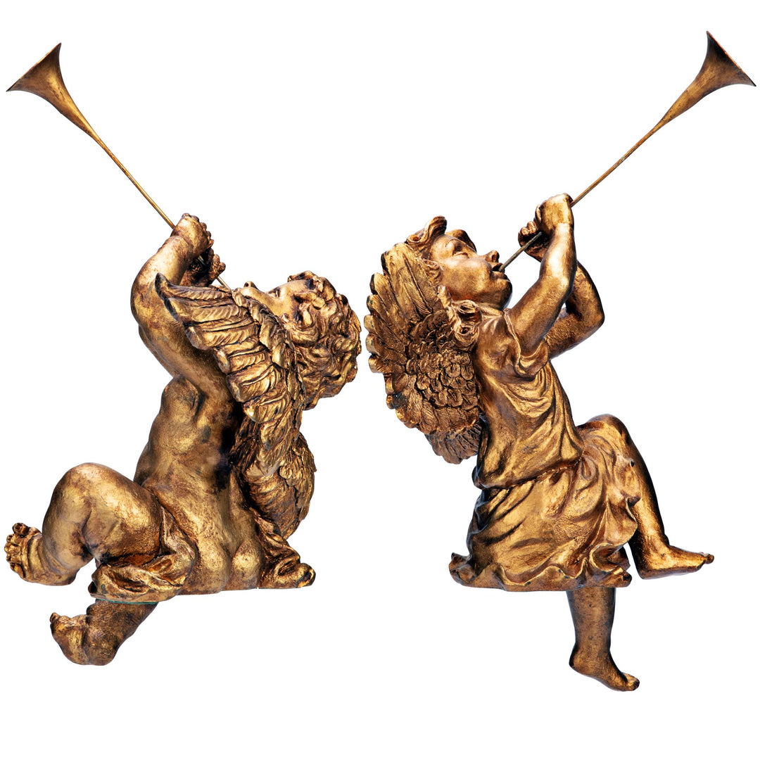 Christmas Decorations-Trumpeting Boy and Girl of St. Peters Square-Holiday Angel Statue, Set of 2, Gold, 2 Count