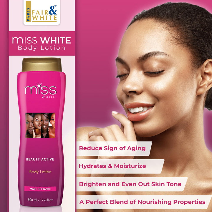 FAIR & WHITE-Miss White, Skin Brightening Body Lotion – 13.5 Fl oz / 400 ml – Moisturizing, Hydrating Lotion, Helps to Reduce pigments on: Body, Elbows, Knees and Armpits