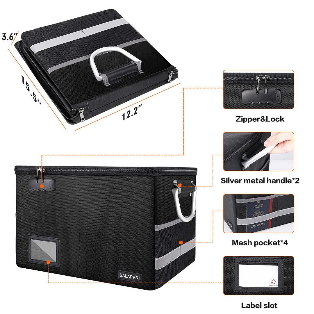 Fireproof File Box with Lock, Collapsible File Storage Box for Hanging Letter/Legal File Folder, Portable Document Storage Filing Box with Handle, File Folder Box for Home Office Travel