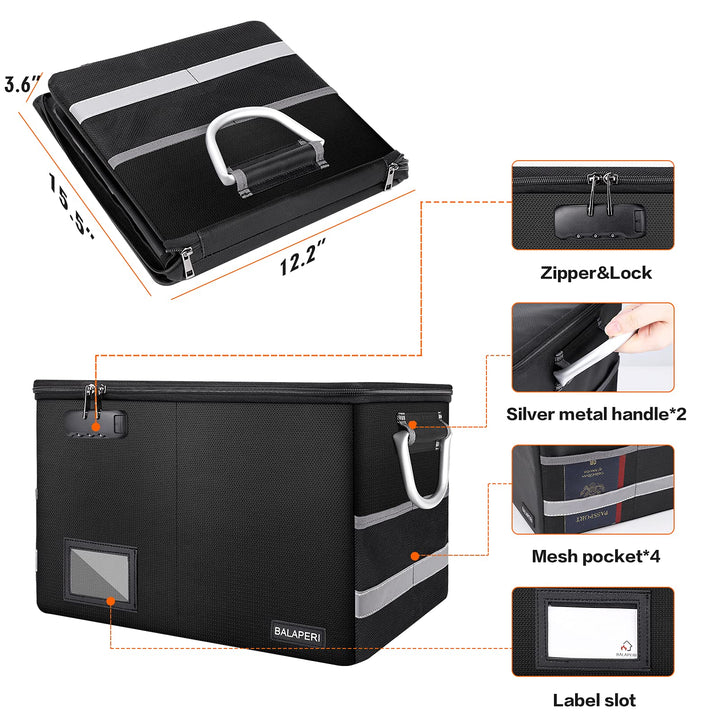 Fireproof File Box with Lock, Collapsible File Storage Box for Hanging Letter/Legal File Folder, Portable Document Storage Filing Box with Handle, File Folder Box for Home Office Travel