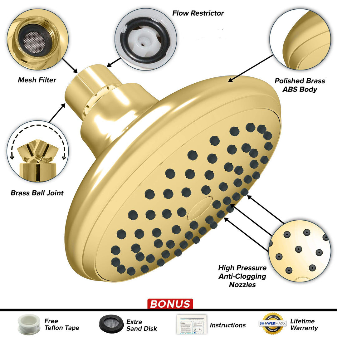 - Elevate Your Shower with Ultra High Pressure 4-Inch Shower Head: Single Setting, Powerful Jets, Polished Brass - ImperialShine Gold Finish Showerhead for MAXX Comfort