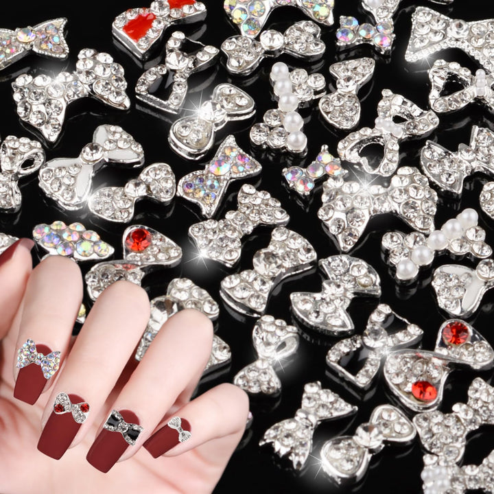 Charms Metal Alloy Silver Gold 3D Nail Art Bow Crown Elk Butterfly Rhinestone Crystal Diamonds Nail Studs Manicure Jewelry for Crafts DIY Nail Art Tip (Bow)