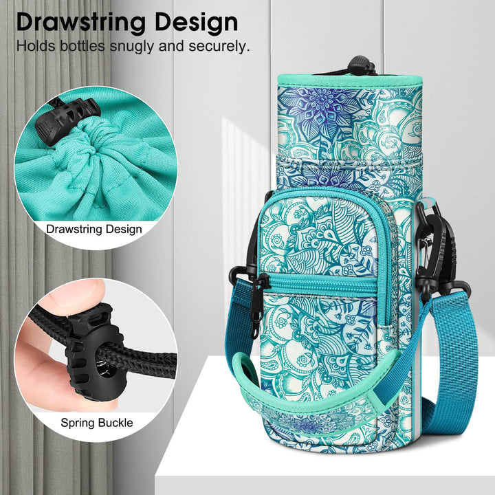 Water Bottle Carrier Bag Sling Case, Sports Water Bottle Pouch Holder Sleeve with Adjustable Shoulder Hand Strap and 2 Pockets for Men Women Hiking Camping Travelling